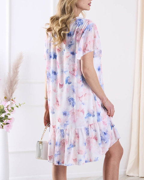 Women's knee-length dress with print and frill in white and blue - Clothing