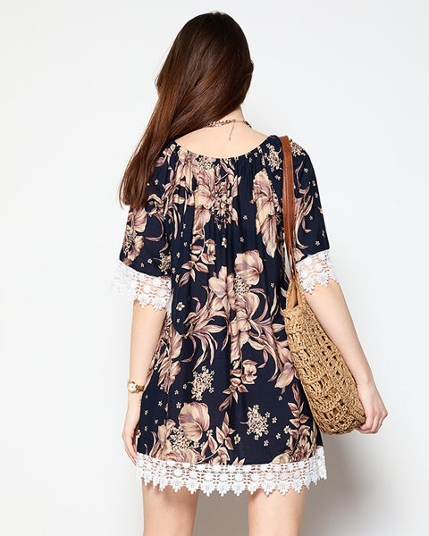 Women's navy blue blouse with flowers PLUS SIZE - Clothing