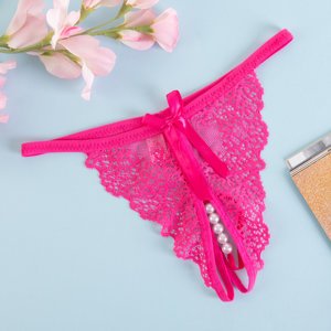 Women's pink thong with lace and ornaments - Underwear