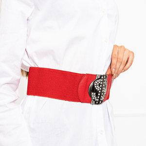 Women's red elastic belt with zircons - Accessories