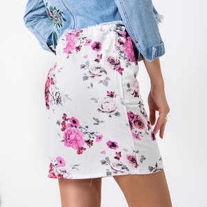 Women's white cotton short skirt with pink flowers - Clothing